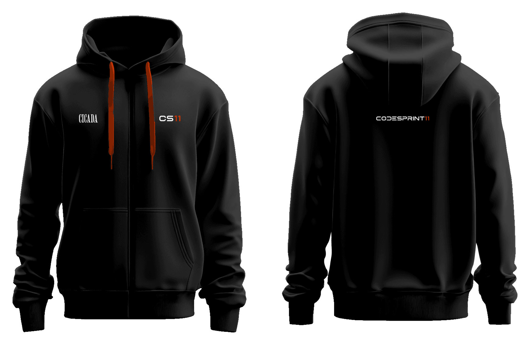 CS11 Zip Hoodie front and back, showing where shoulder, chest and length are measured
